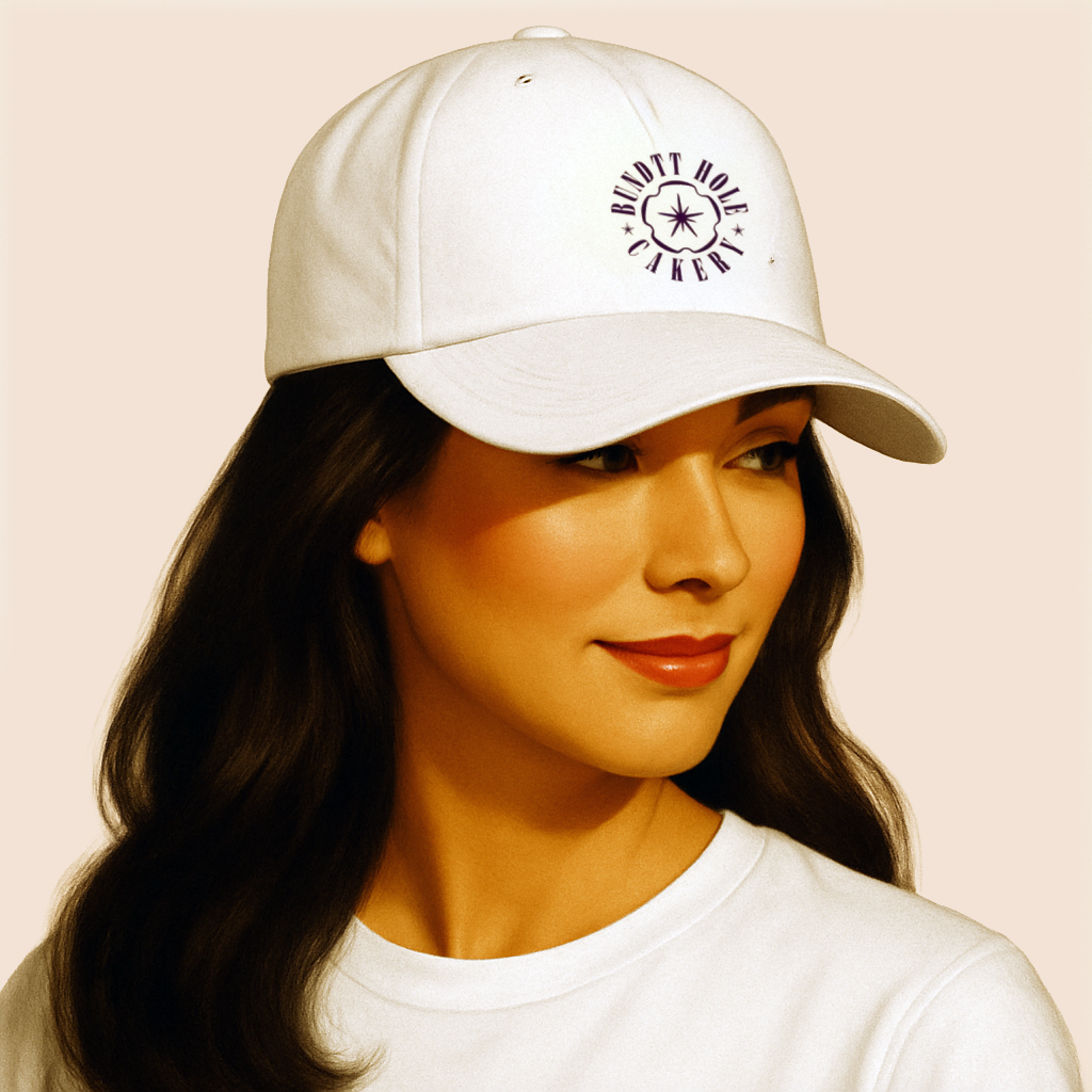 Woman wearing a white cap with a logo on a beige background