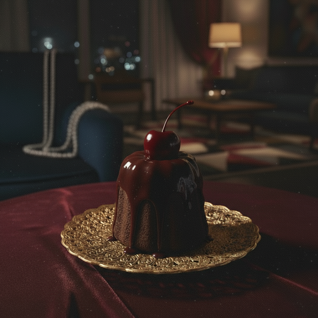 Chocolate cake with caramel topping on a gold plate in a dimly lit room.