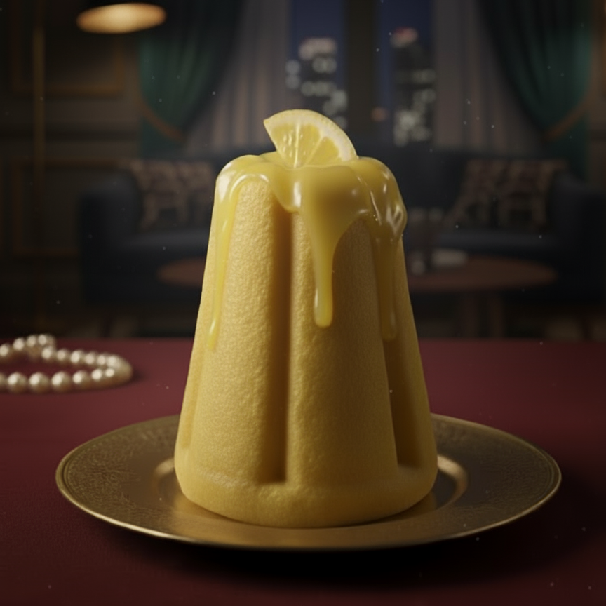 Yellow dessert with a lemon slice on a gold plate in a dimly lit room.