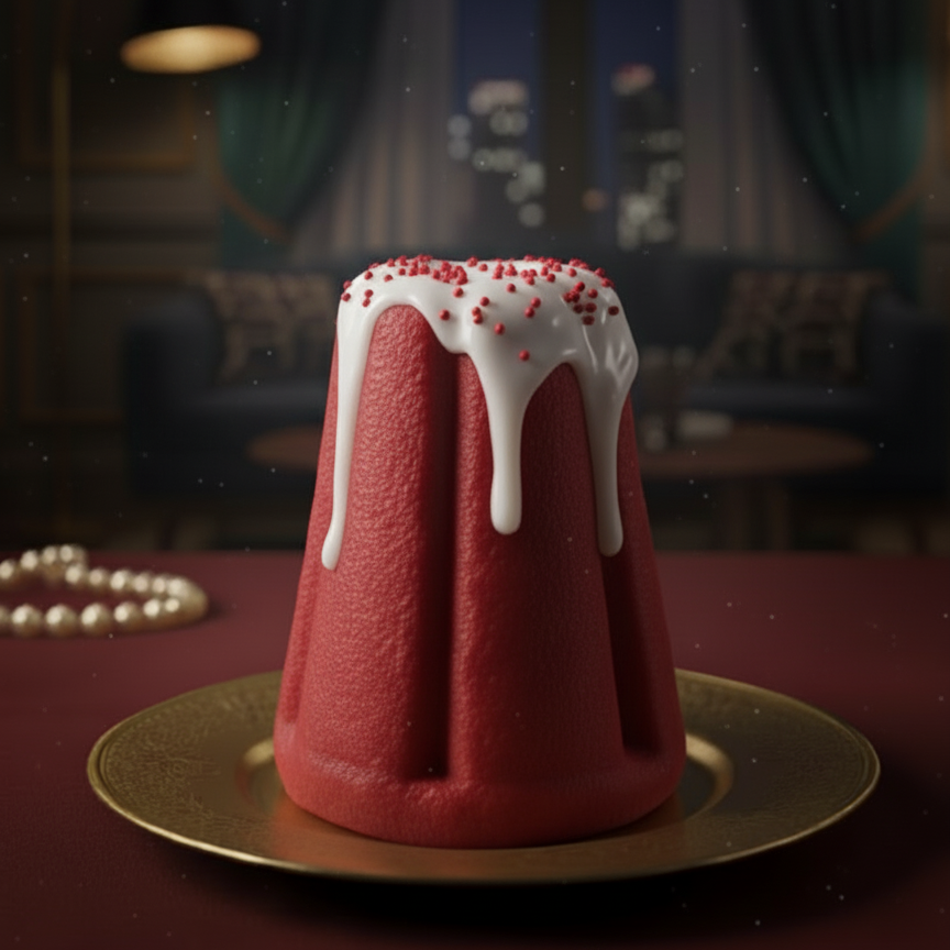 Red dessert with white icing and red sprinkles on a gold plate in a dimly lit room.