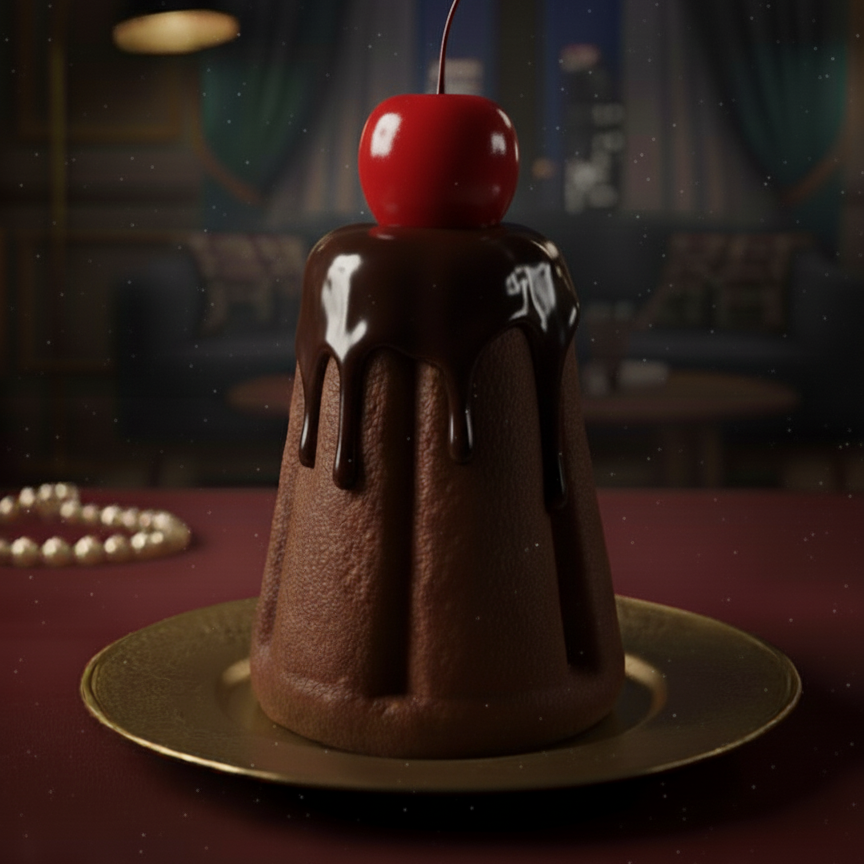 Chocolate dessert with a cherry on top on a gold plate in a dimly lit room.