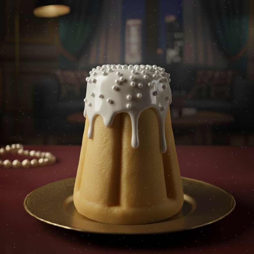 Cone-shaped dessert with white icing on a gold plate against a dark background