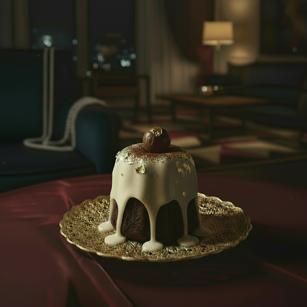 Chocolate cake with caramel topping on a gold plate in a dimly lit room.