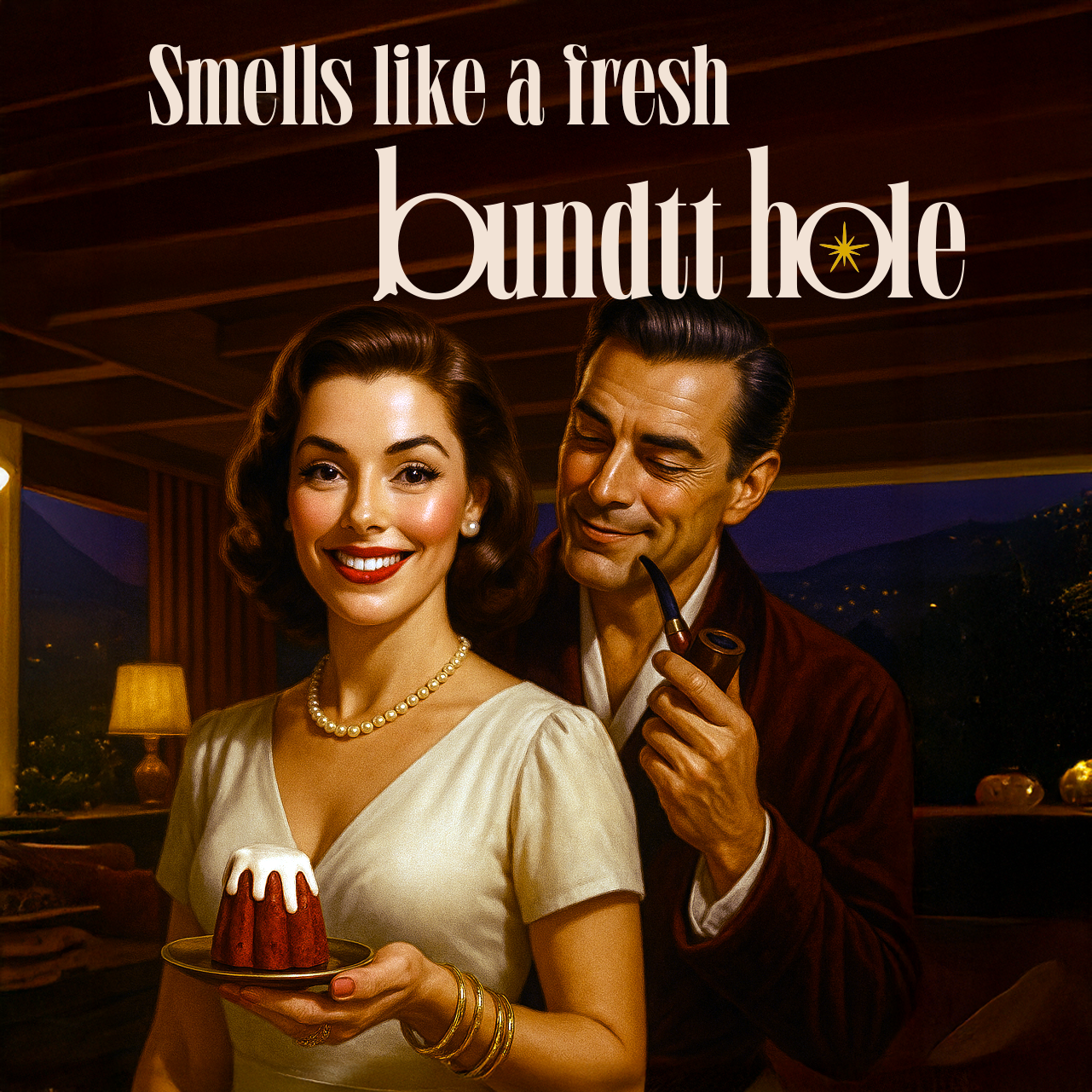 Vintage-style advertisement with a man and woman holding a bundt cake, text 'Smells like a fresh bundt hole'.