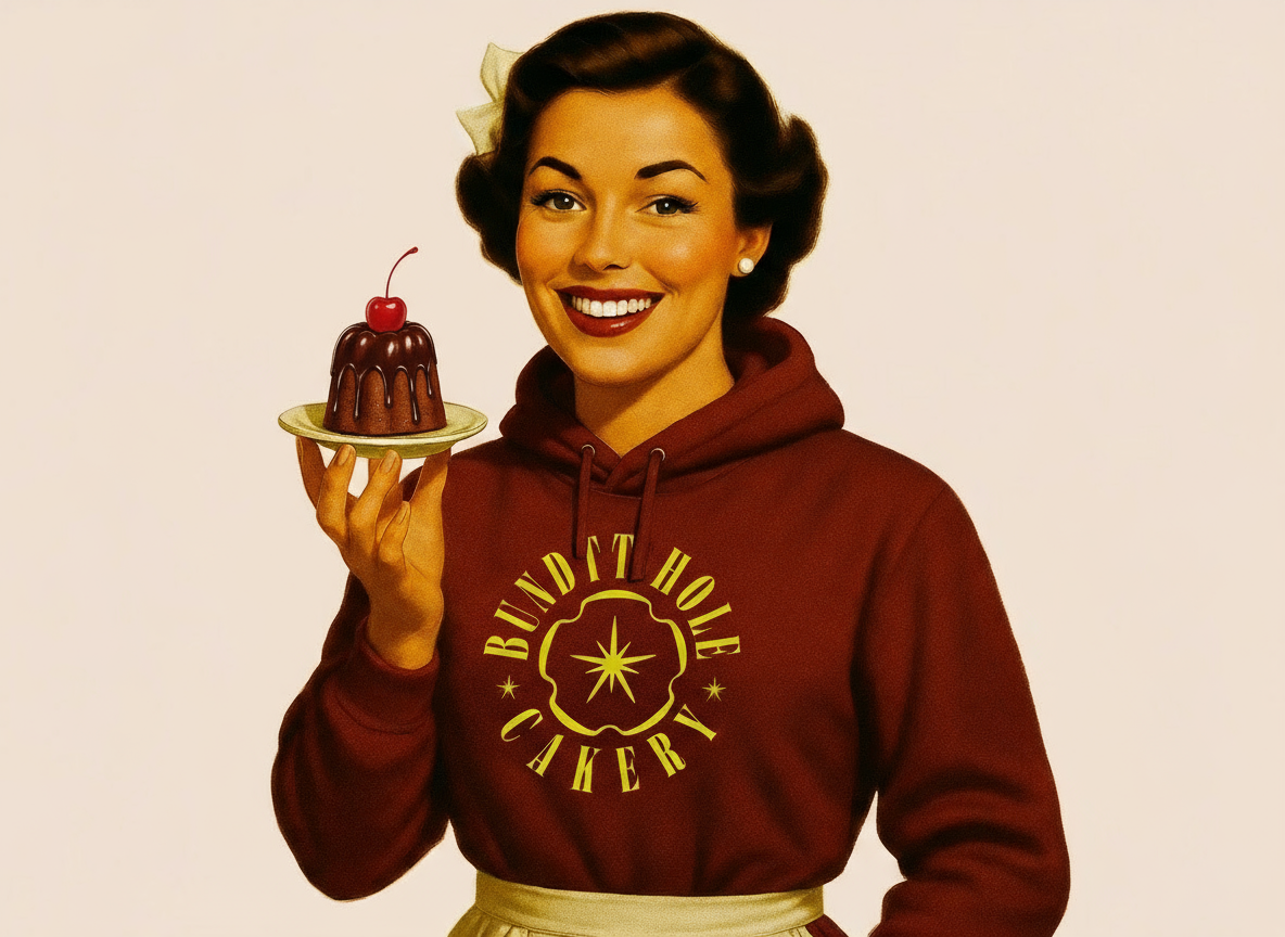 Woman wearing a hoodie with 'Bundt Hole Bakery' logo, holding a cake.