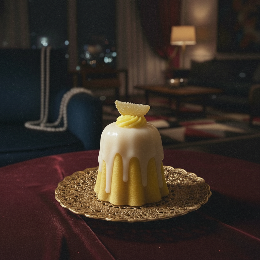 Yellow dessert with a lemon wedge on a gold plate in a dimly lit room.