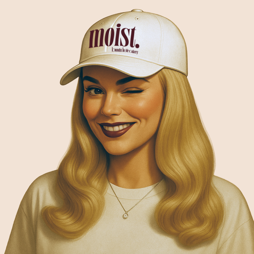 Woman wearing a white cap with 'moist' text on a beige background