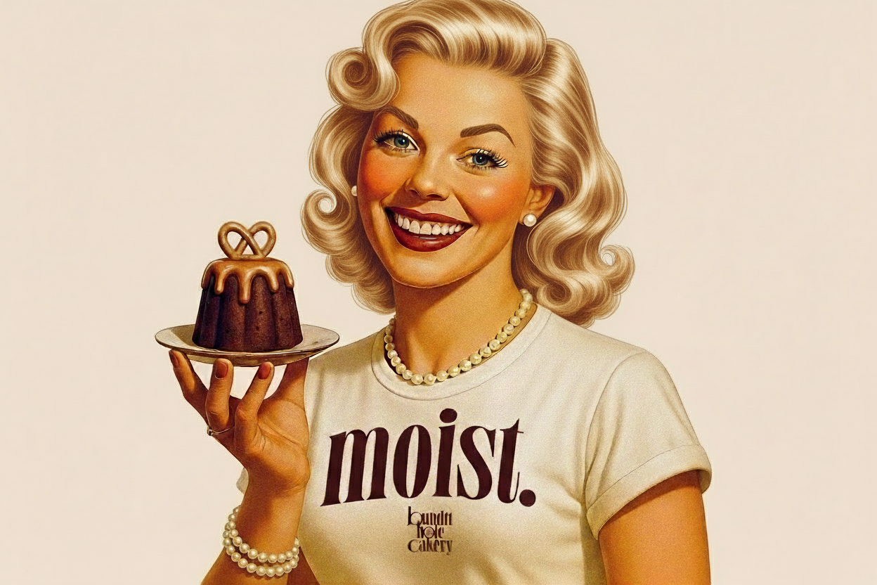 Woman holding a cake with 'moist' text on a beige background