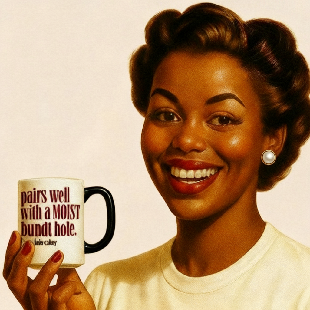 Woman holding a mug with text, smiling against a beige background