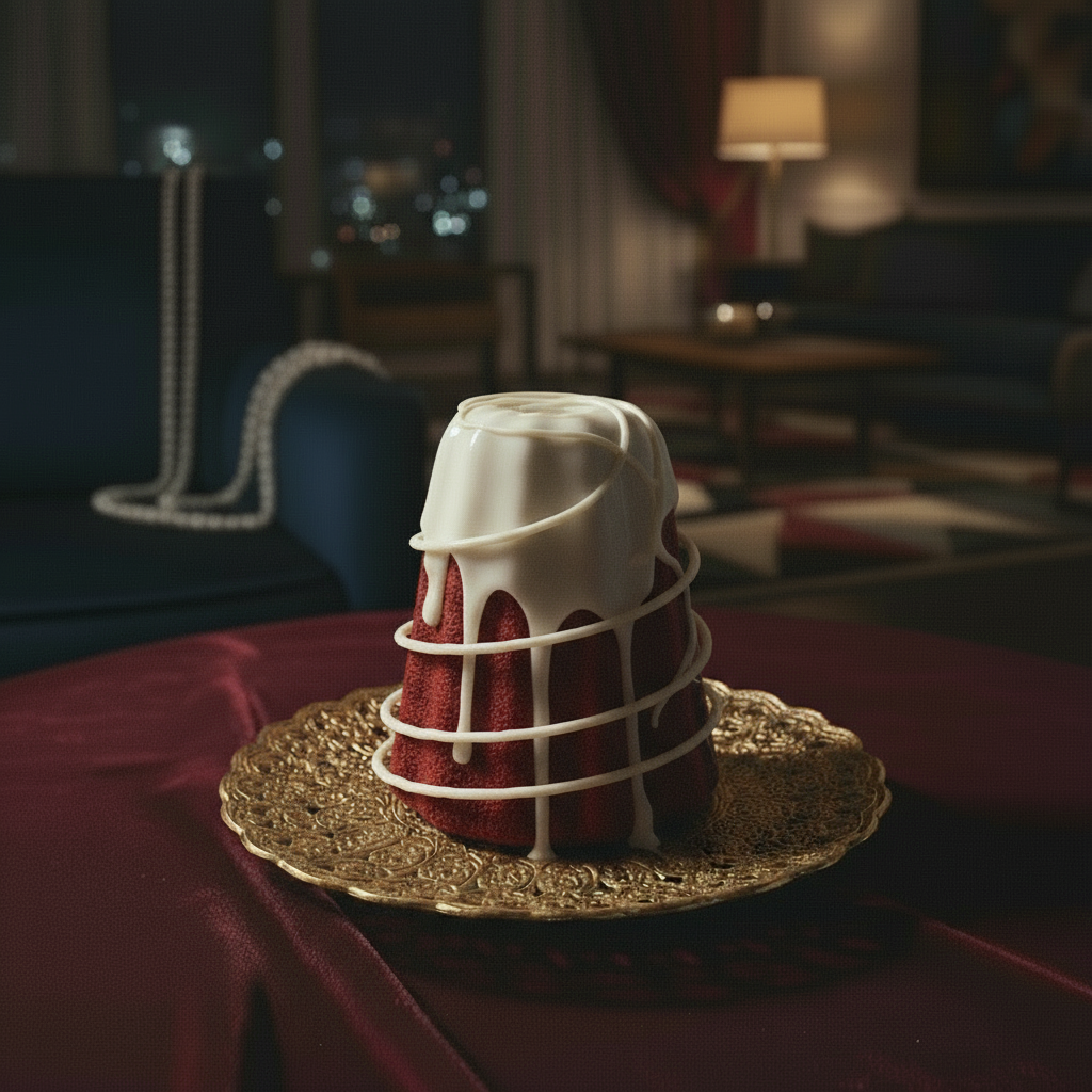 Red velvet bundt cake with white icing on a gold plate in a dimly lit room.