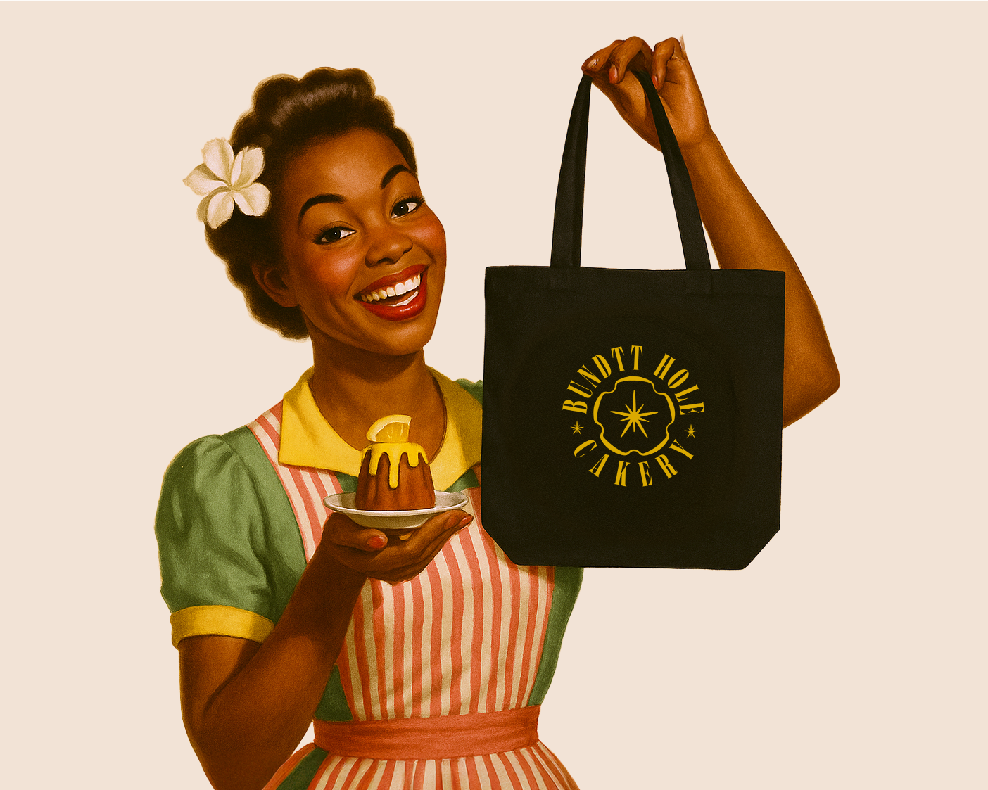 Woman holding a black tote bag with a logo, smiling and holding a small cake.