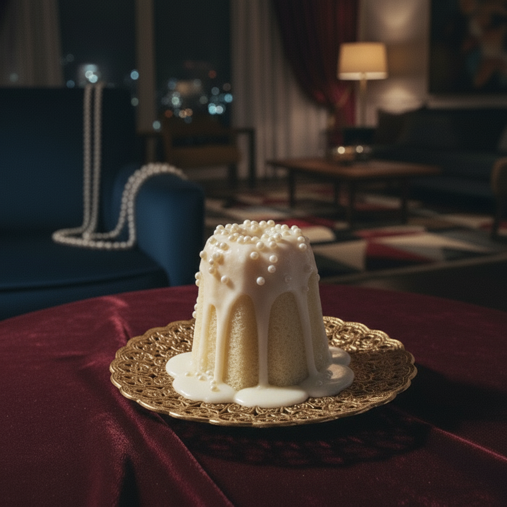 Small white cake with pearl decorations on a gold plate in a dimly lit room.